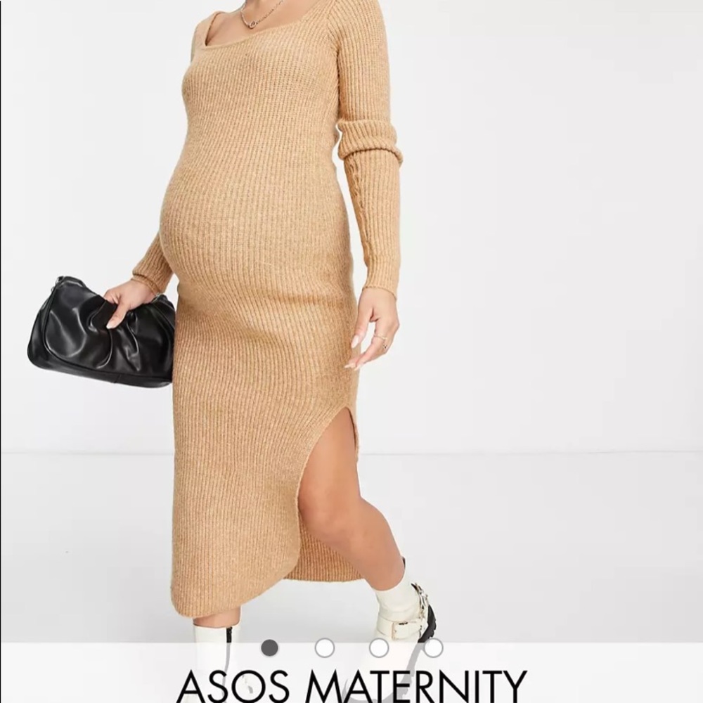 Asos Neutral Ribbed camel tan Maternity Maxi long sleeve dress